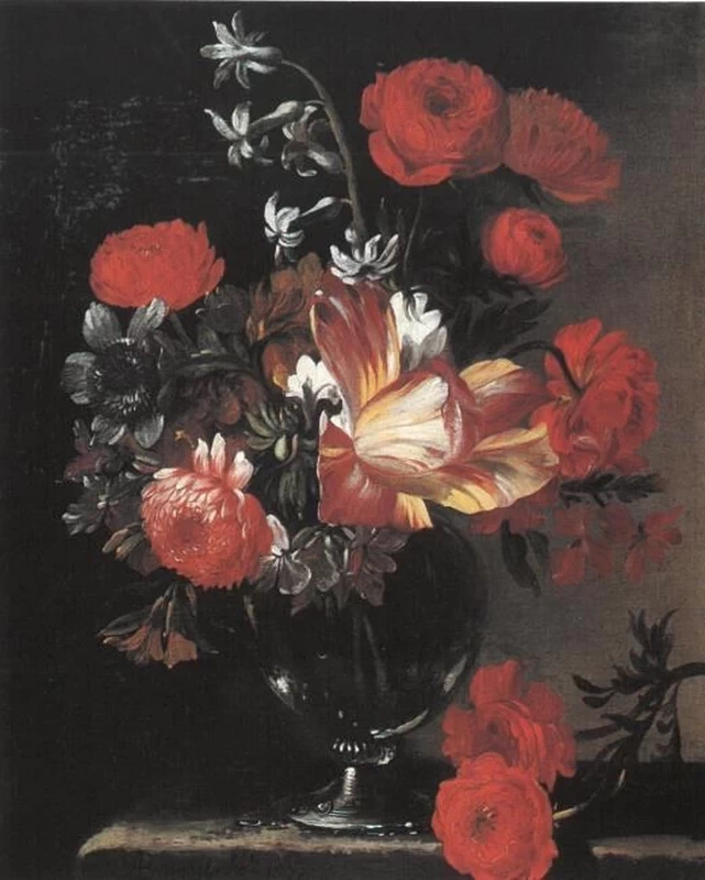 Natura morta di tulipani, rose e garofani in un vaso di vetro, su un basamento in pietra